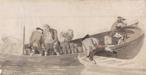 Hommes chargeant un bateau avec des barils - Samuel Scott